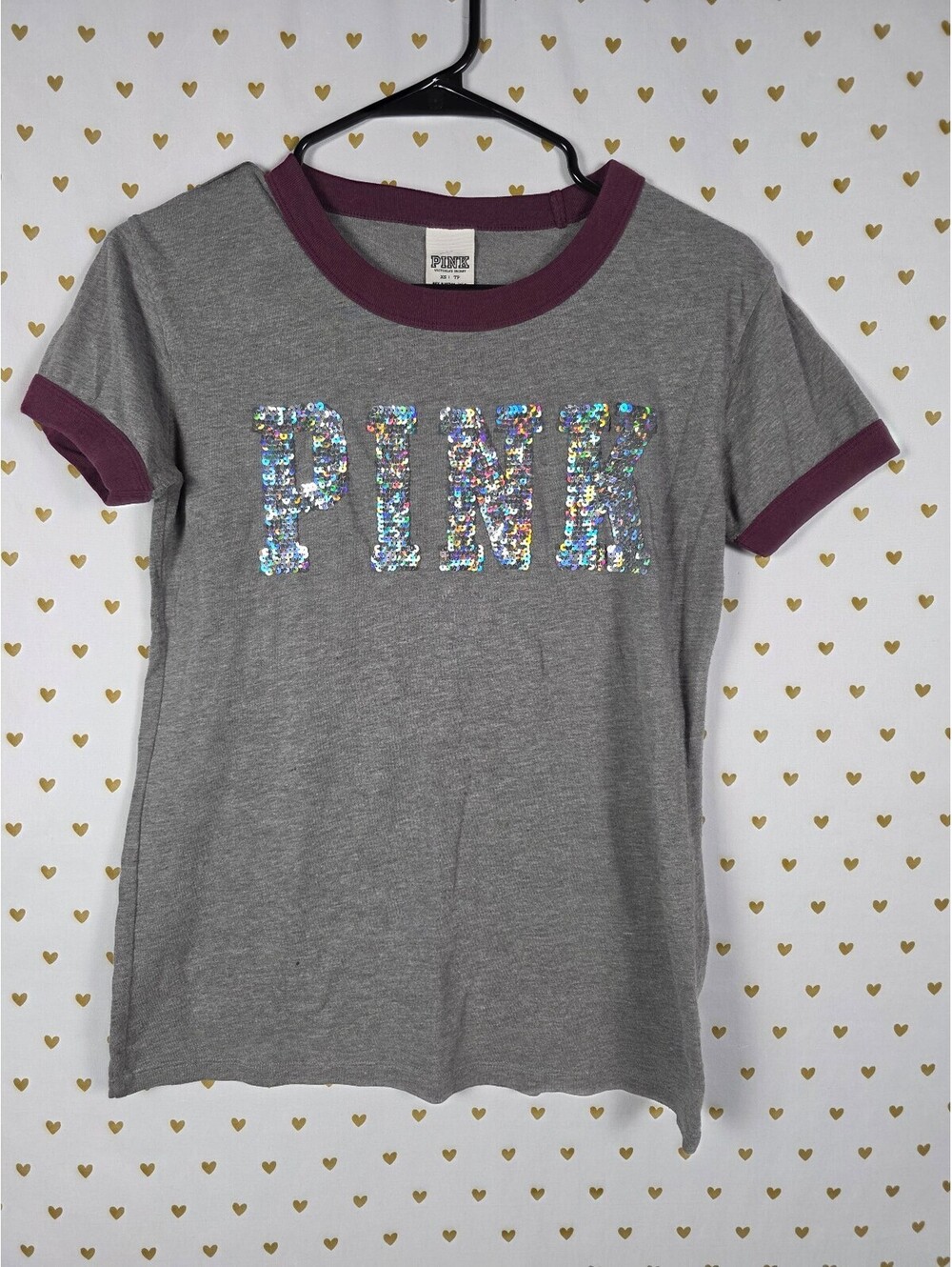 Victorias Secret PINK BLING Mermaid Silver Sequined Logo Tee shirt Grey XS